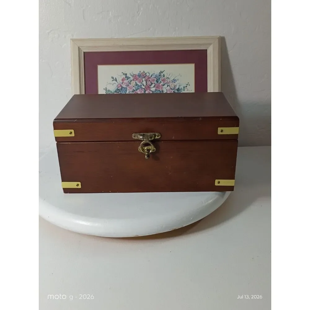 Vintage Wood Jewelry Chest Removable Tray Red Velvet Lining Brass Hardware